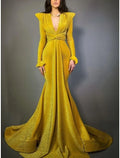 A-Line V-Neck Long Sleeve Pleated Evening Gown - Chloe Dress