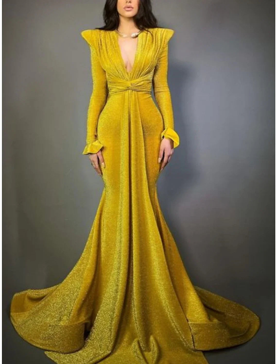 A-Line V-Neck Long Sleeve Pleated Evening Gown - Chloe Dress