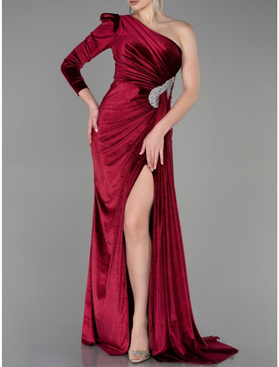 A-Line One-Shoulder Velvet Long Sleeve Pleated Evening Gown - Chloe Dress