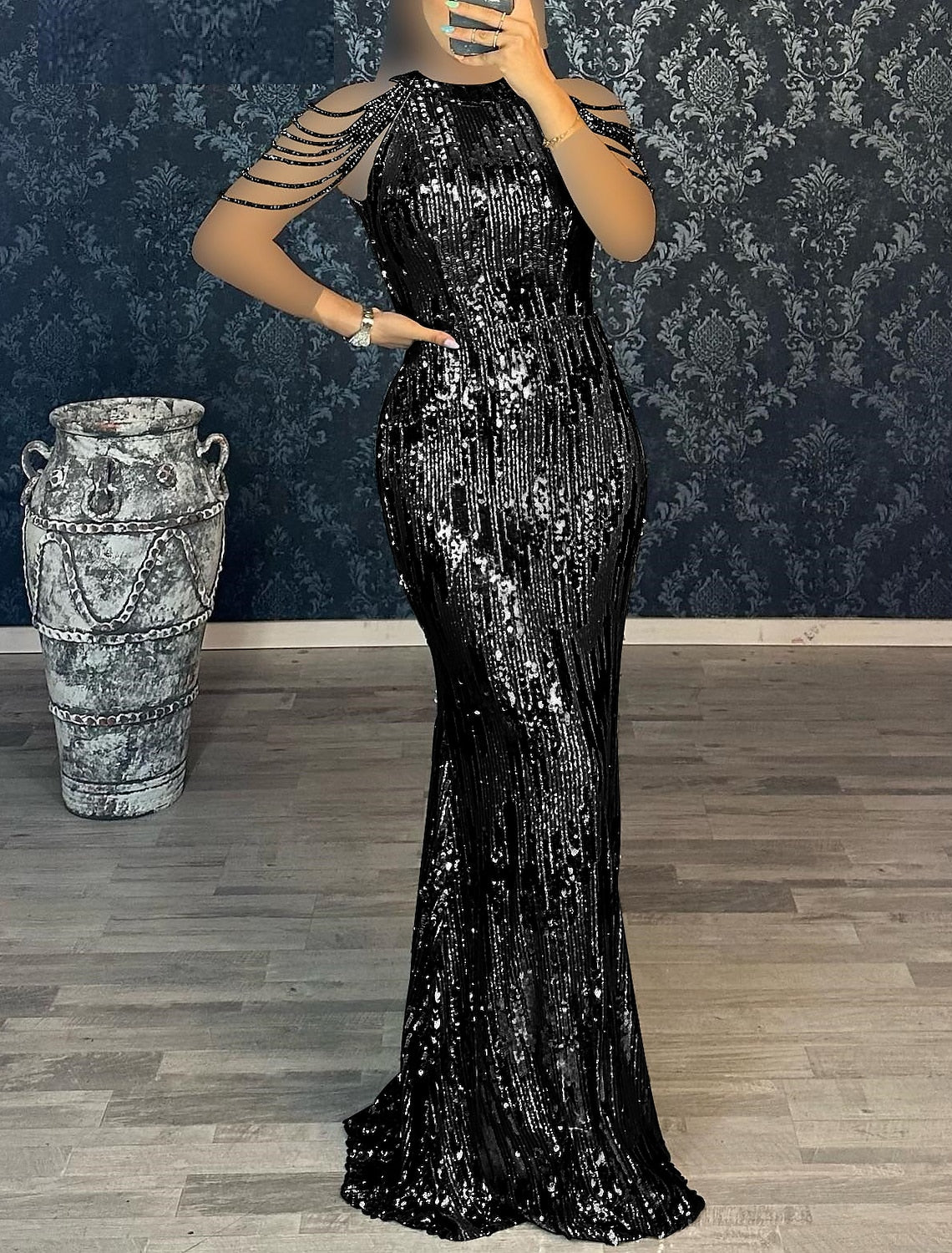 Black Mermaid Sequin Short Sleeve Floor-Length Evening Gown - Chloe Dress