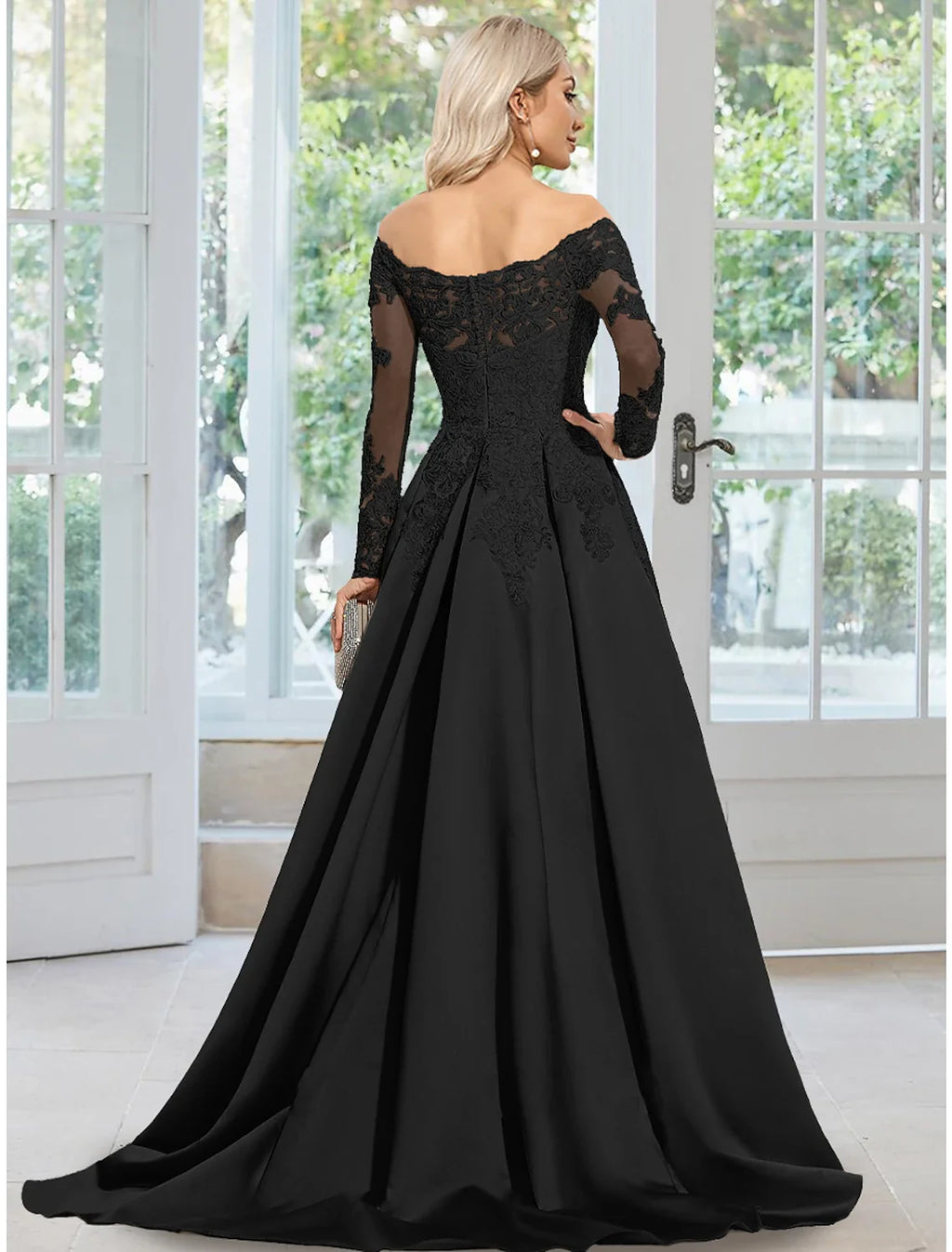 A-Line Off-Shoulder Satin Long Sleeve Train Evening Gown - Chloe Dress