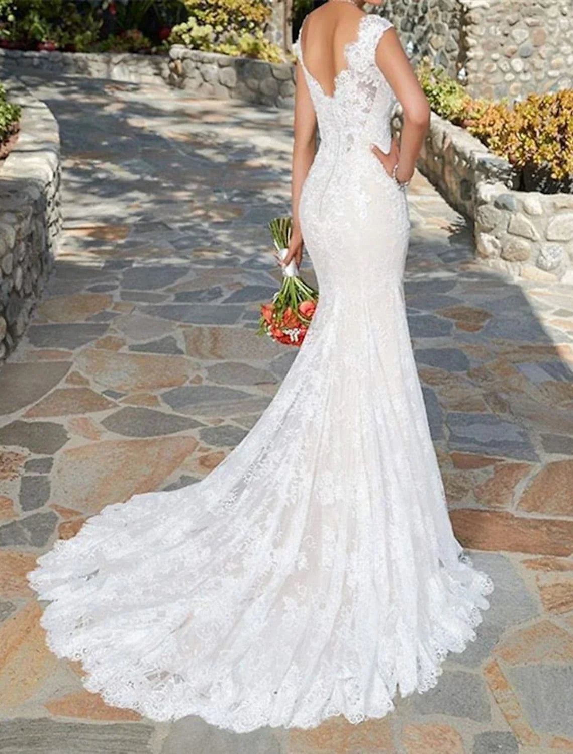 Mermaid V-Neck Lace Cap Sleeve Train Wedding Gown - Chloe Dress