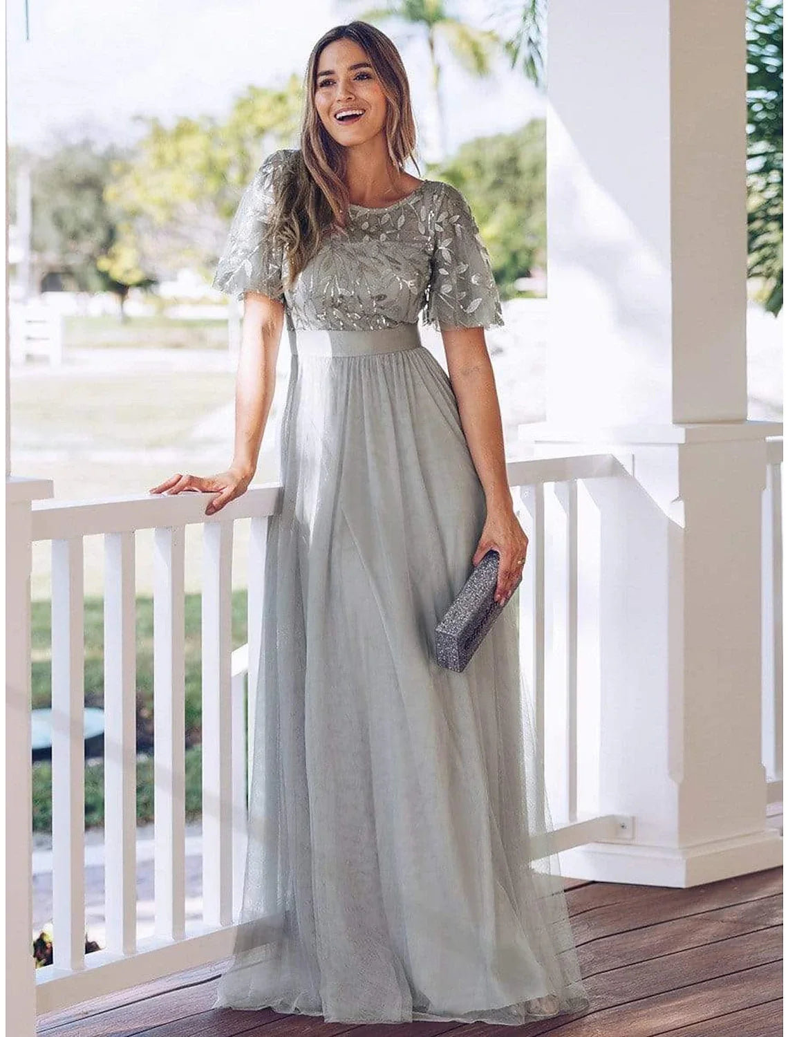 A-Line Tulle Short Sleeve Floor-Length Prom Dress - Chloe Dress