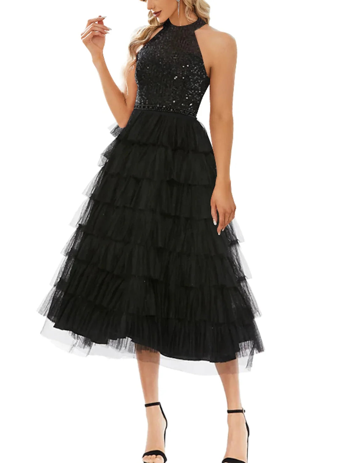 A-Line High Neck Tulle Sleeveless Tea-Length Wedding Dress - Chloe Dress