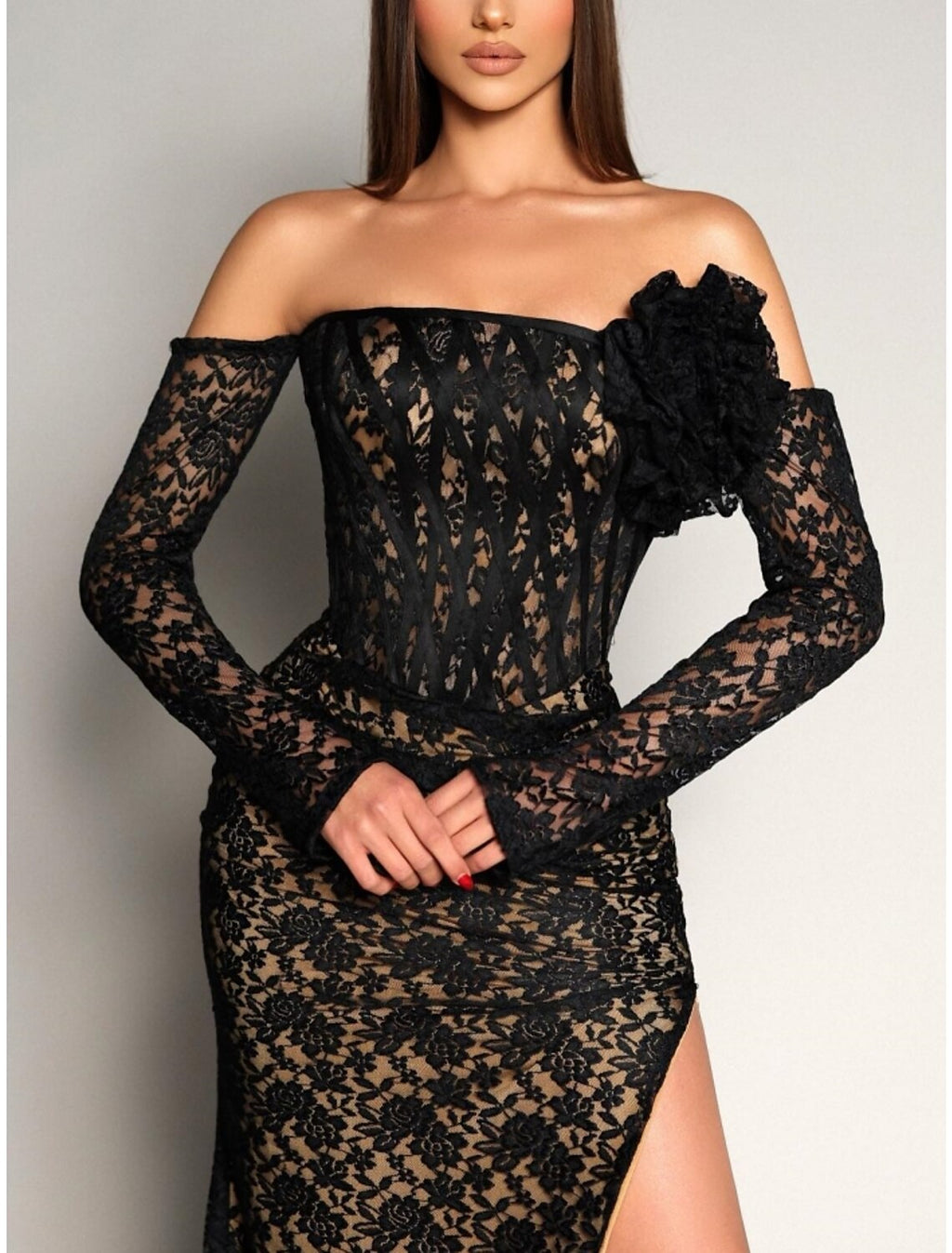 A-Line Off-Shoulder Lace Long Sleeve High Slit Evening Gown - Chloe Dress