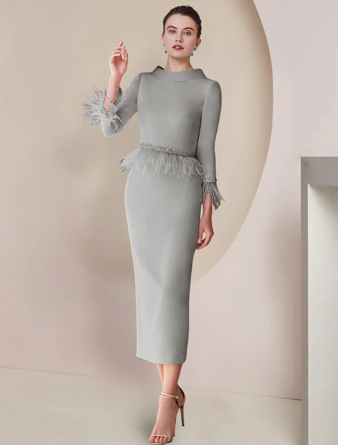 Sheath Satin Three-Quarter Sleeve Tea-Length Wedding Dress - Chloe Dress