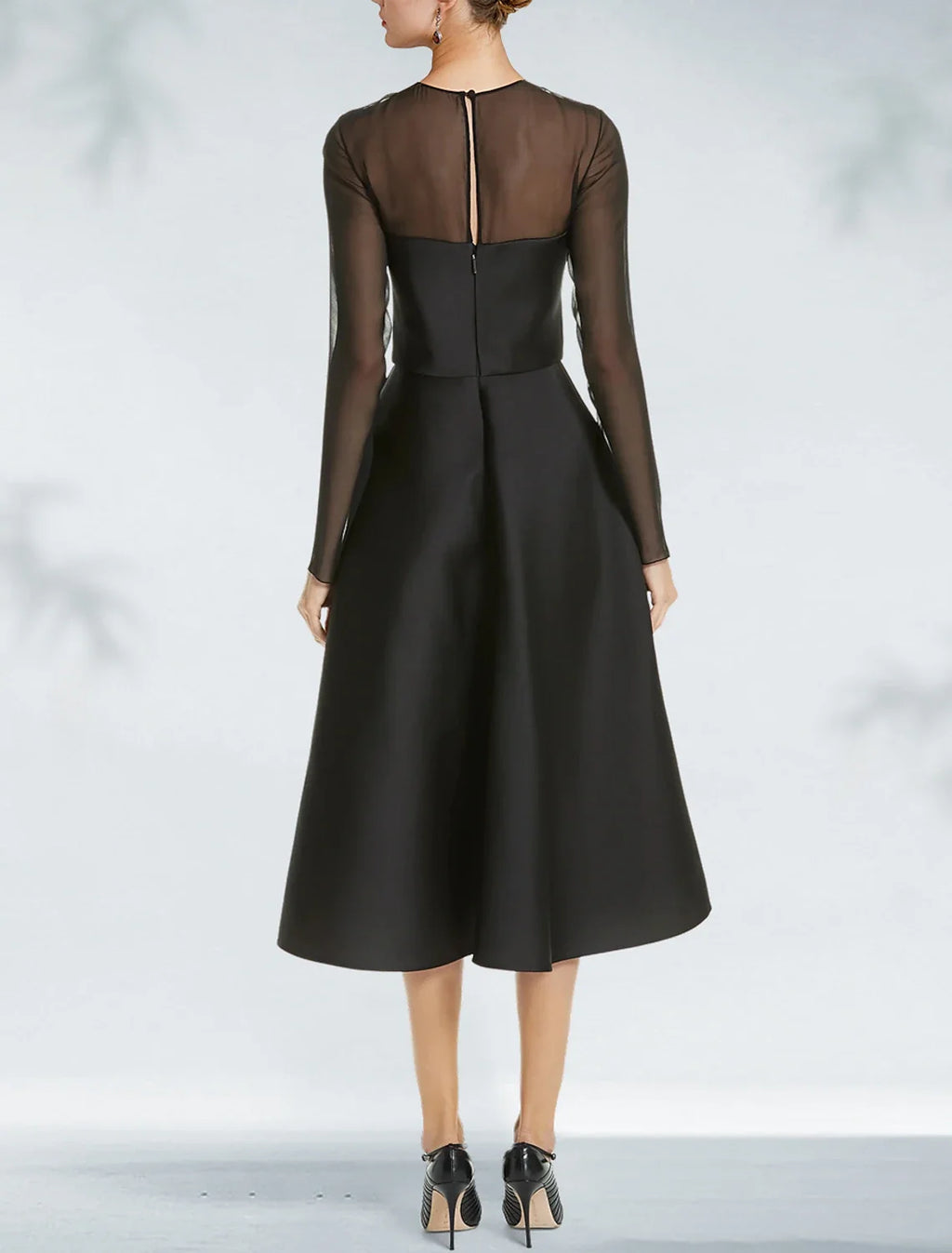 Black A-Line Satin Long Sleeve Pleated Tea-Length Wedding Dress - Chloe Dress