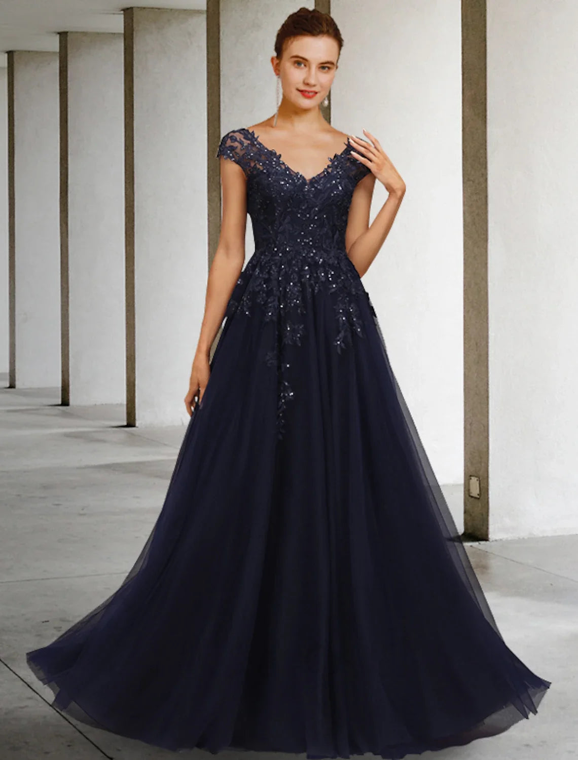 A-Line V-Neck Tulle Cap Sleeve Applique Floor-Length Dress - Chloe Dress
