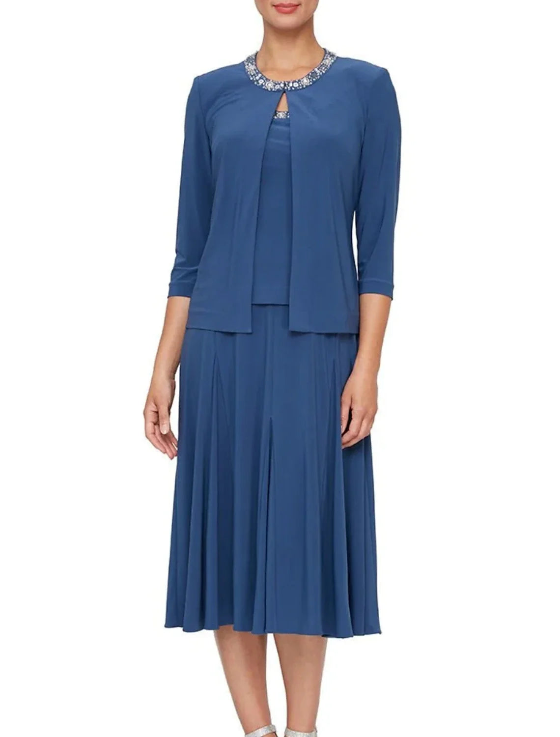 A-Line Three-Quarter Sleeve Pleated Knee-Length Wedding Dress - Chloe Dress