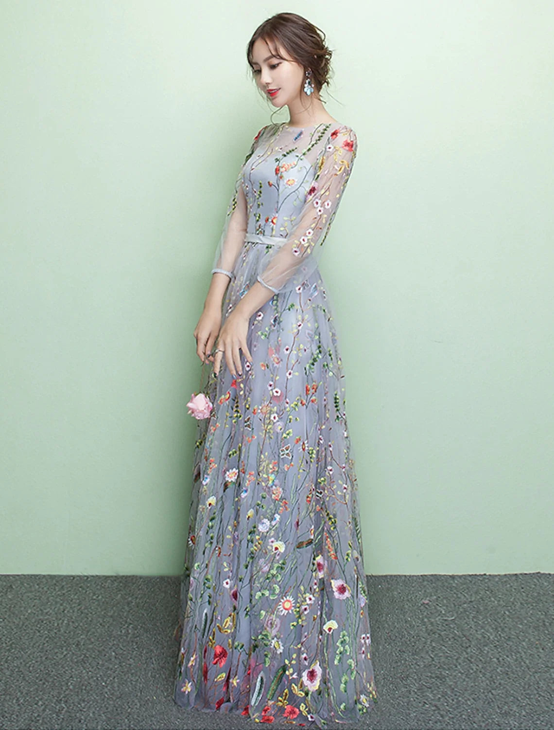 A-Line Lace Three-Quarter Sleeve Floor-Length Evening Dress - Chloe Dress