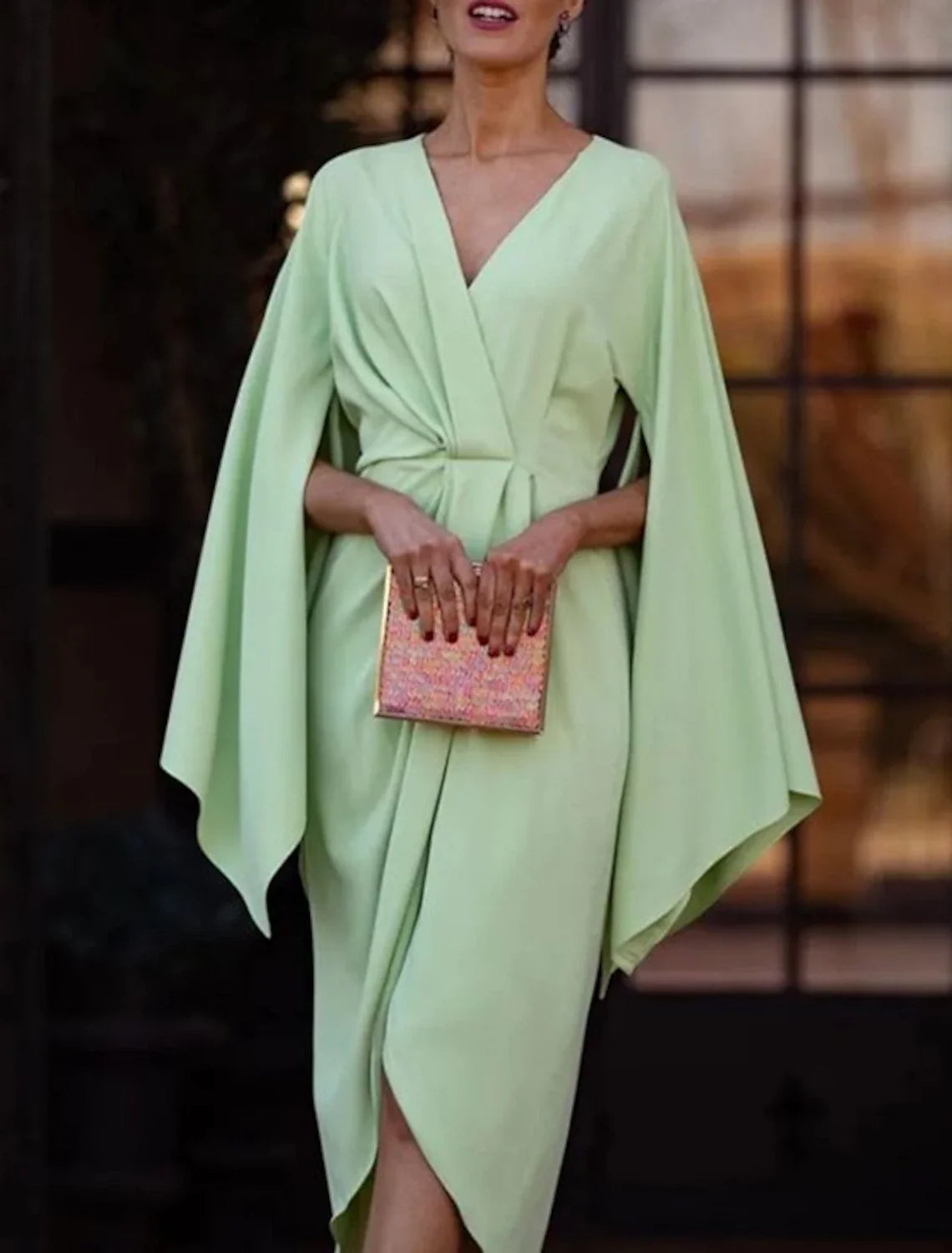 Sheath V-Neck Chiffon Long Sleeve Asymmetric Wedding Dress - Chloe Dress