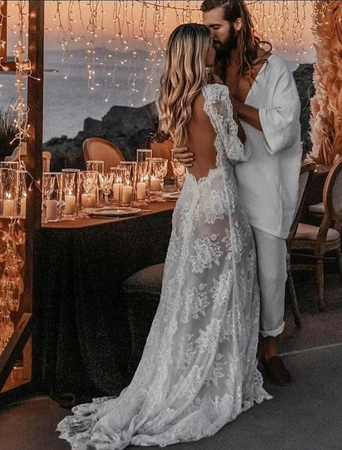 A-Line V-Neck Lace Long Sleeve Train Wedding Gown - Chloe Dress