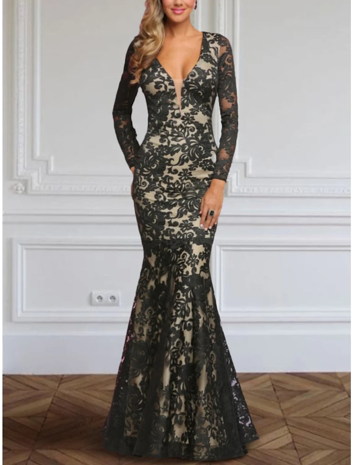 Mermaid V-Neck Lace Long Sleeve Pleated Floor-Length Evening Gown - Chloe Dress