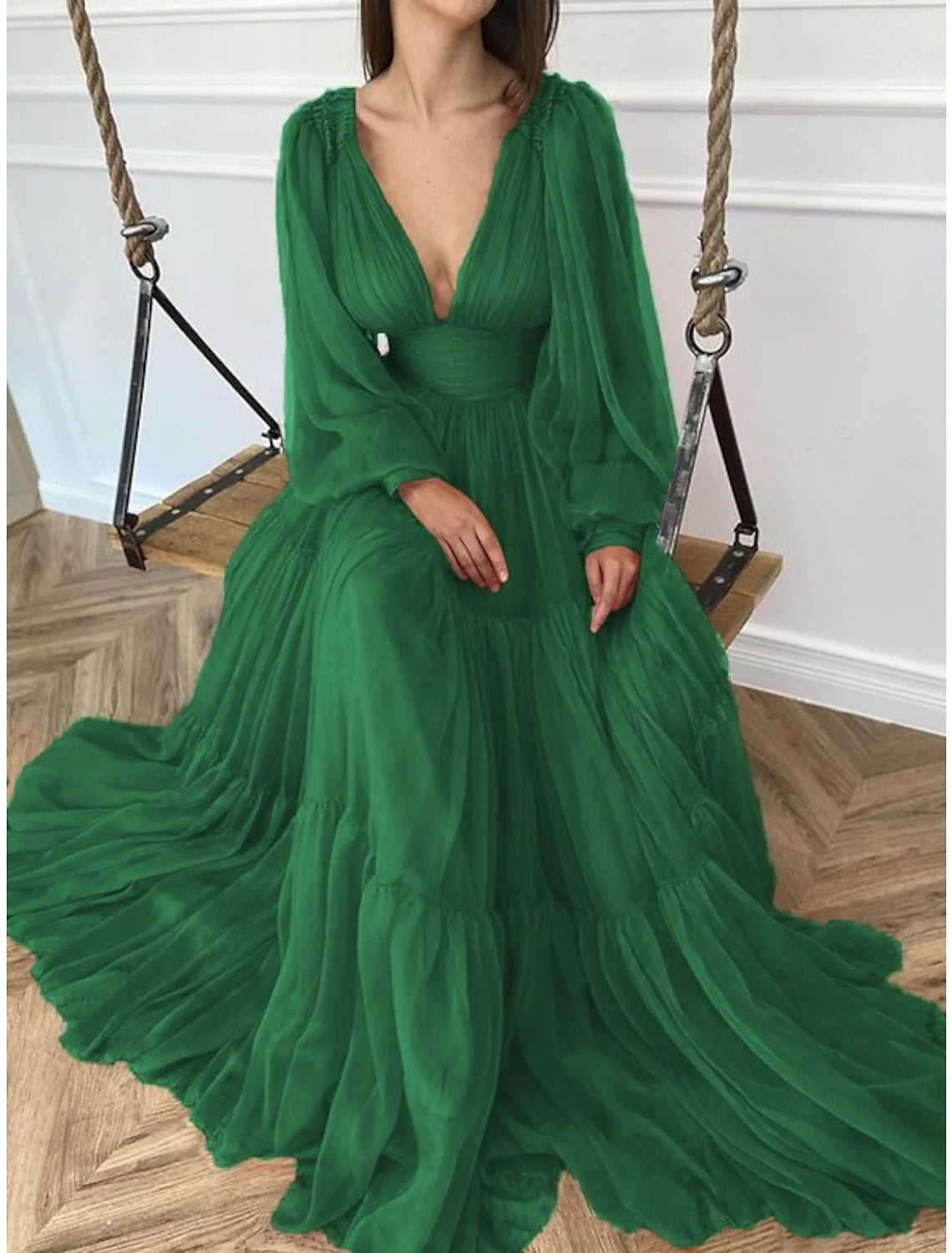 Green A-Line V-Neck Chiffon Long Sleeve Floor-Length Evening Gown - Chloe Dress