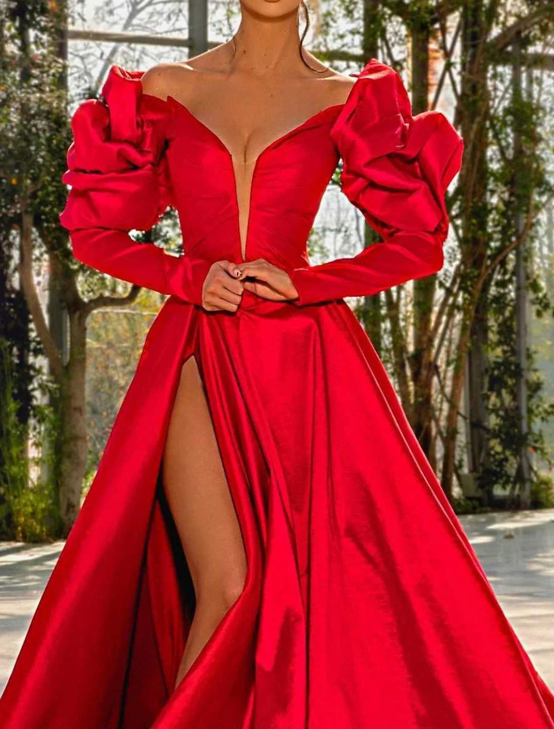 Green A-Line V-Neck Satin Long Sleeve High Slit Evening Gown - Chloe Dress
