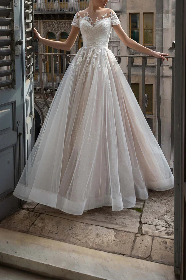 A-Line Illusion Lace Short Sleeve Mini Wedding Dress - Chloe Dress