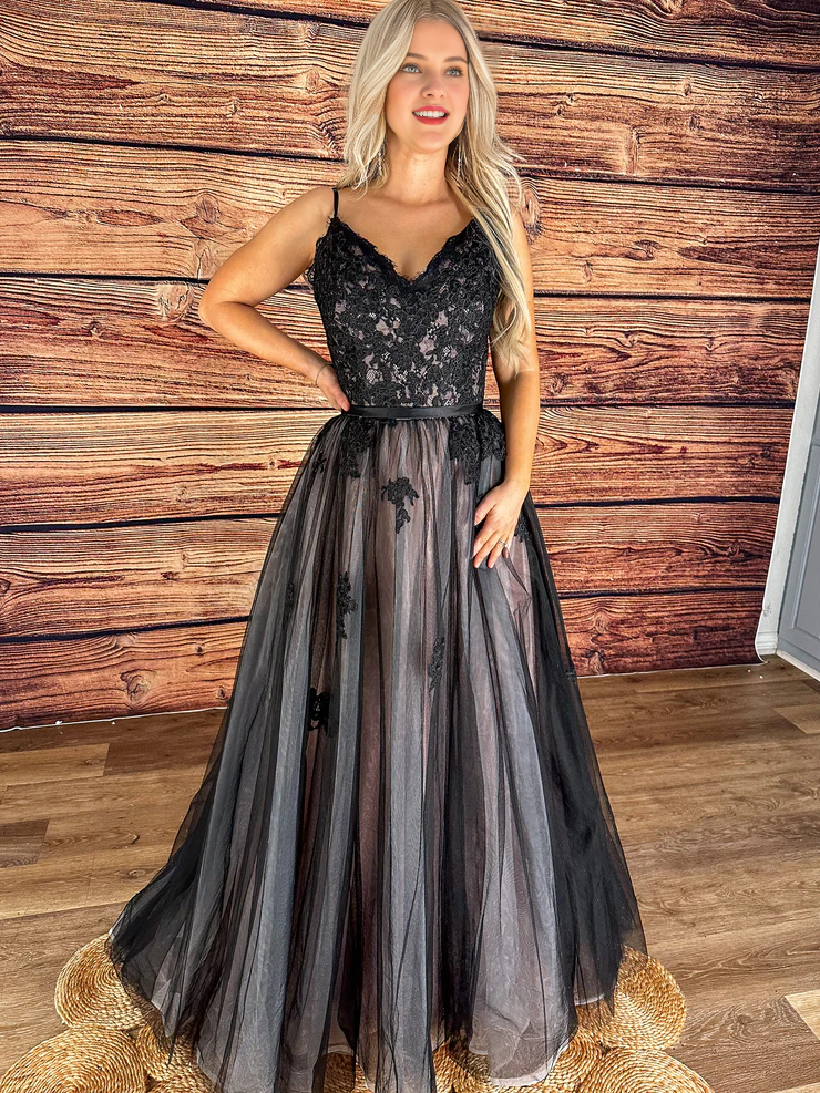 Black A-Line Lace-Up Back Evening Dress - Chloe Dress