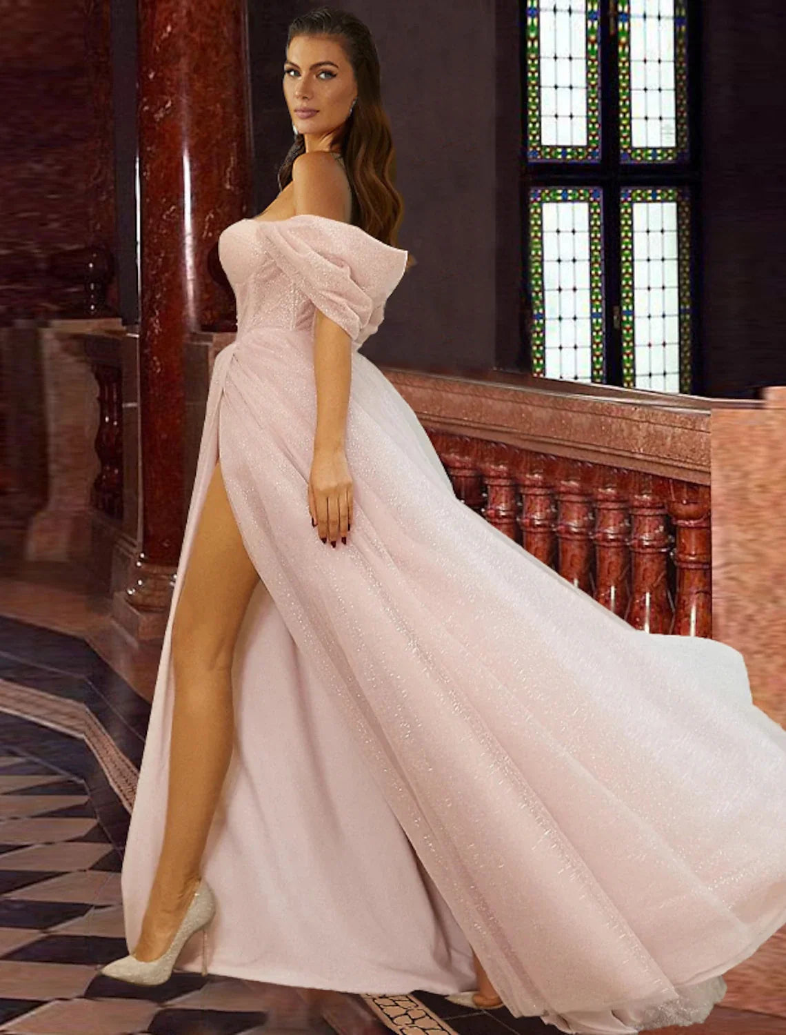 A-Line Off-Shoulder Tulle Short Sleeve Lace-Up Back High Slit Mini Prom Dress - Chloe Dress
