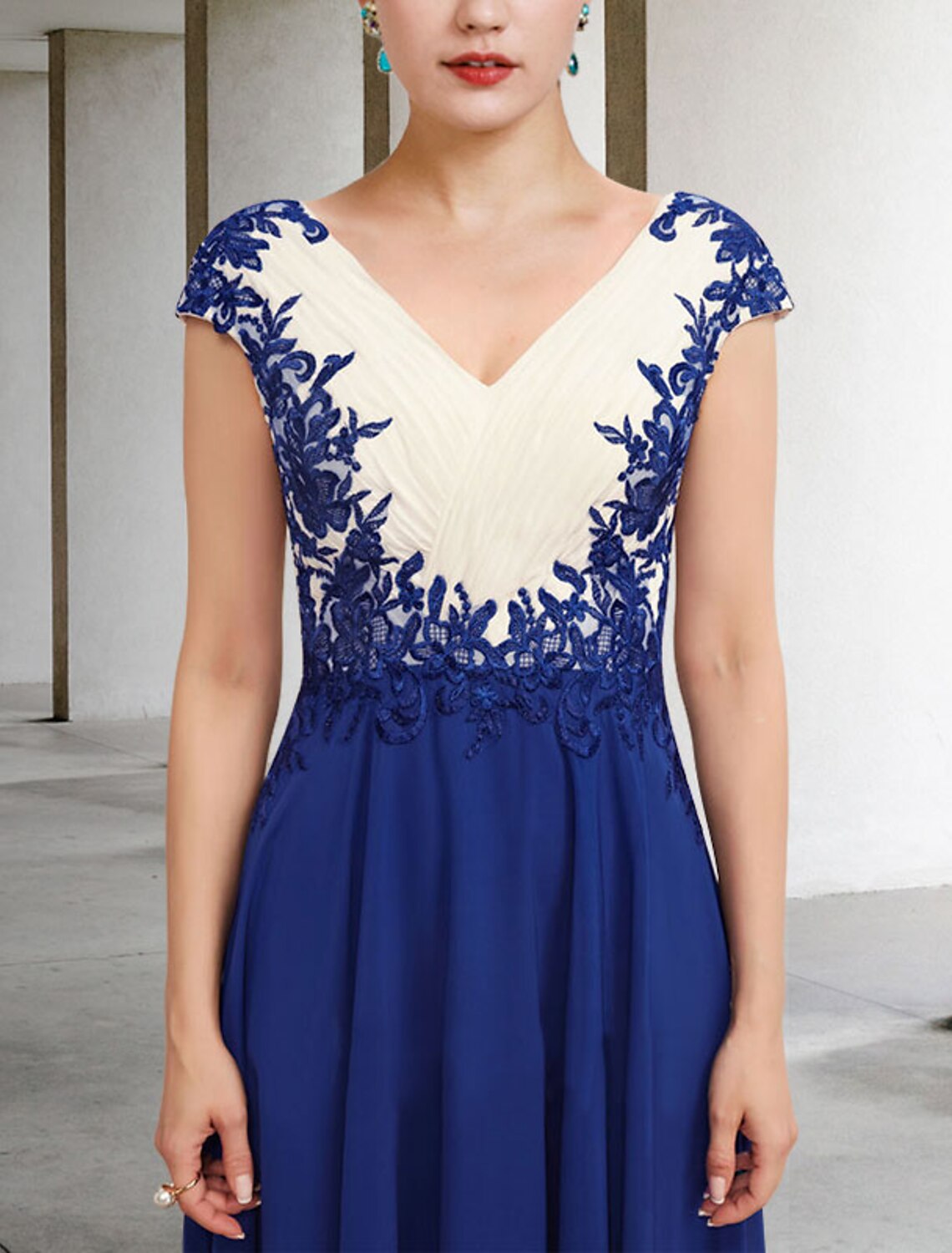 A-Line V-Neck Chiffon Cap Sleeve Draped Tea-Length Dress - Chloe Dress
