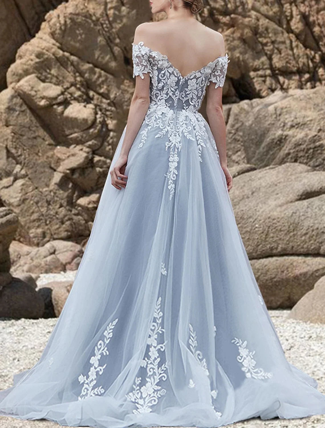 A-Line Off-Shoulder Lace Short Sleeve Train Mini Wedding Gown - Chloe Dress