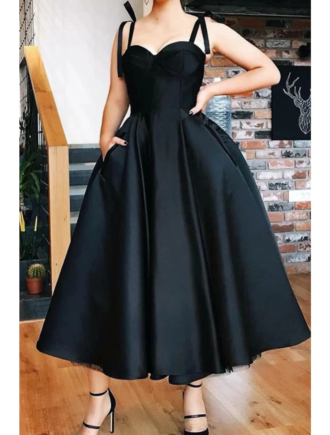 Black Ball Gown Spaghetti Strap Satin Sleeveless Pleated Tea-Length Prom Gown - Chloe Dress