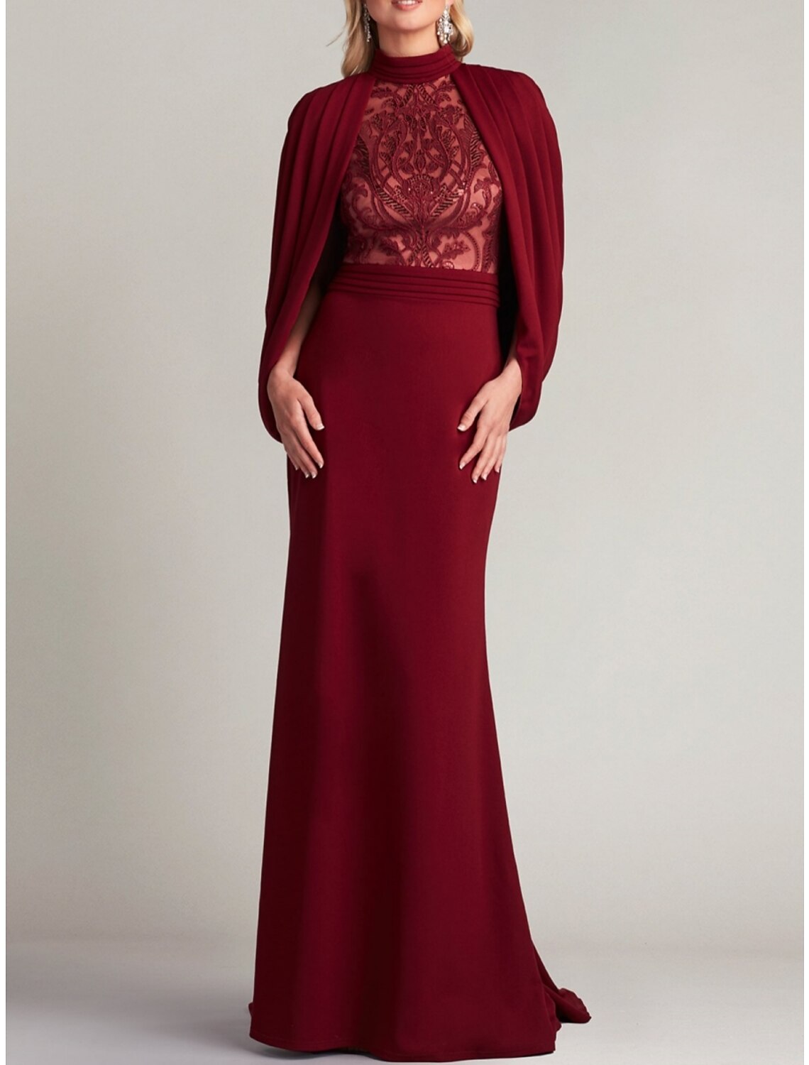 Mermaid High Neck Lace Long Sleeve Pleated Evening Gown - Chloe Dress