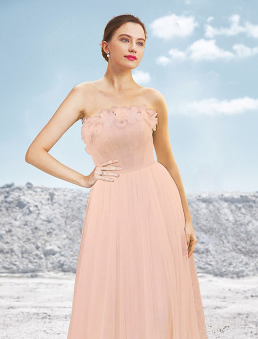 A-Line Strapless Tulle Sleeveless Pleated Evening Gown - Chloe Dress