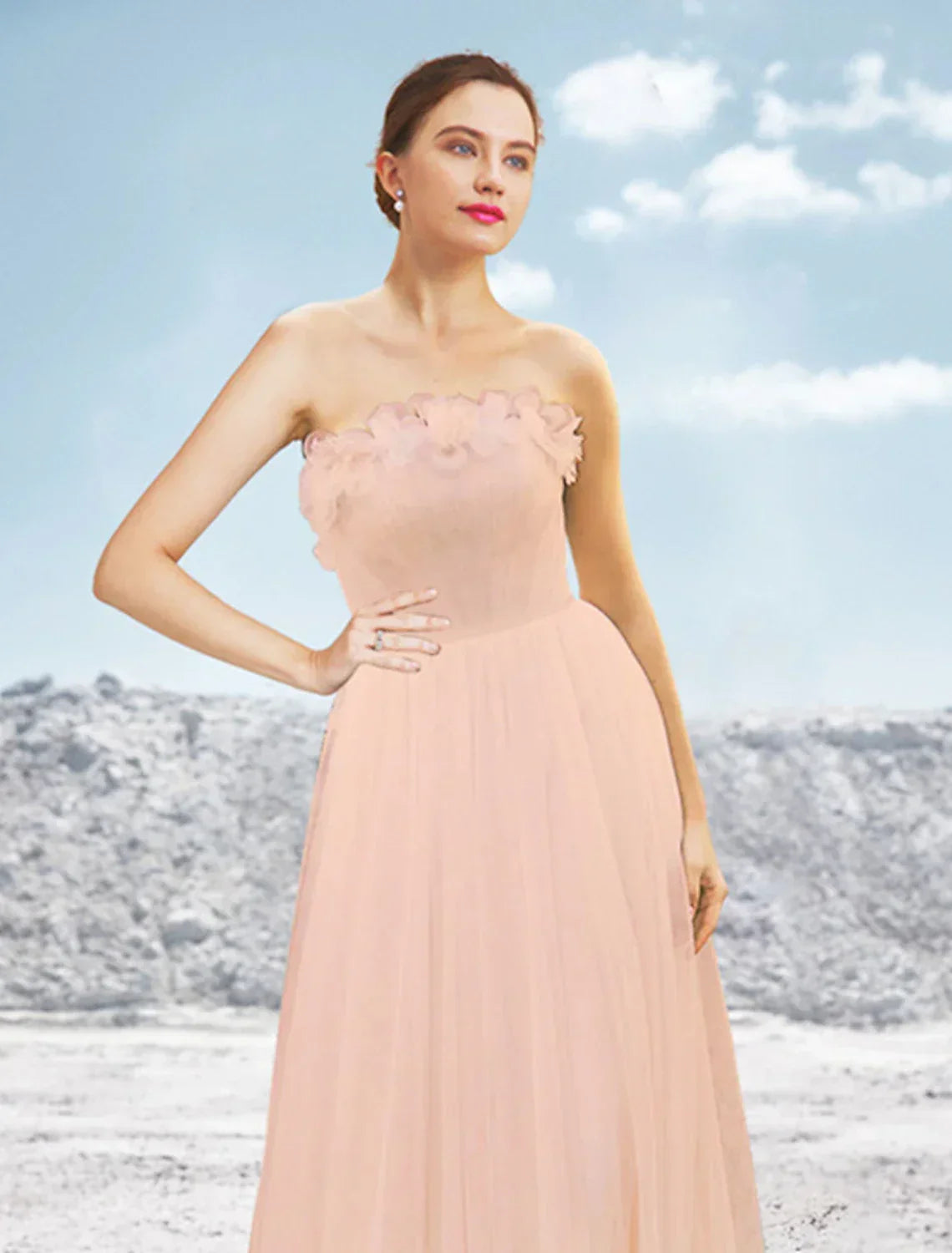 A-Line Strapless Tulle Sleeveless Pleated Evening Gown - Chloe Dress
