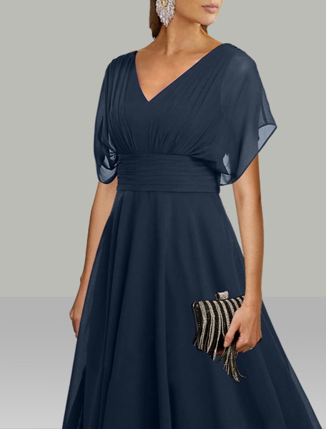 JiMiss Tea-Length Chiffon Wedding Guest Dress with V-Neck