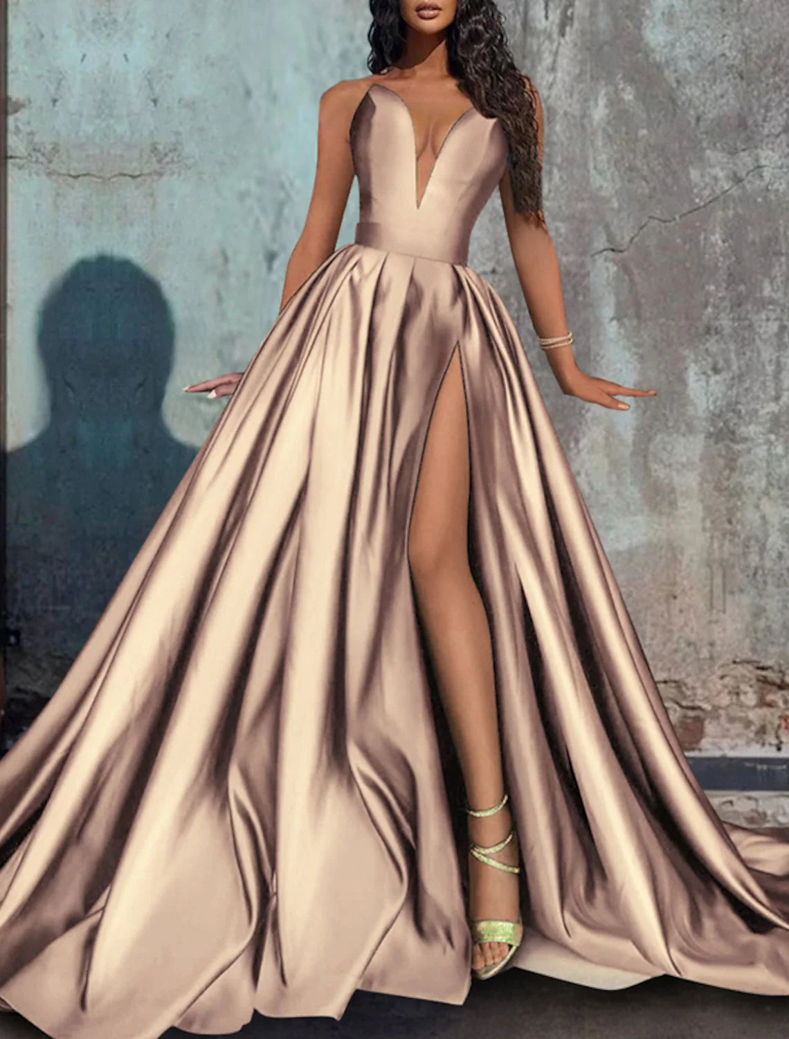 Green A-Line Strapless Satin Sleeveless High Slit Evening Gown - Chloe Dress