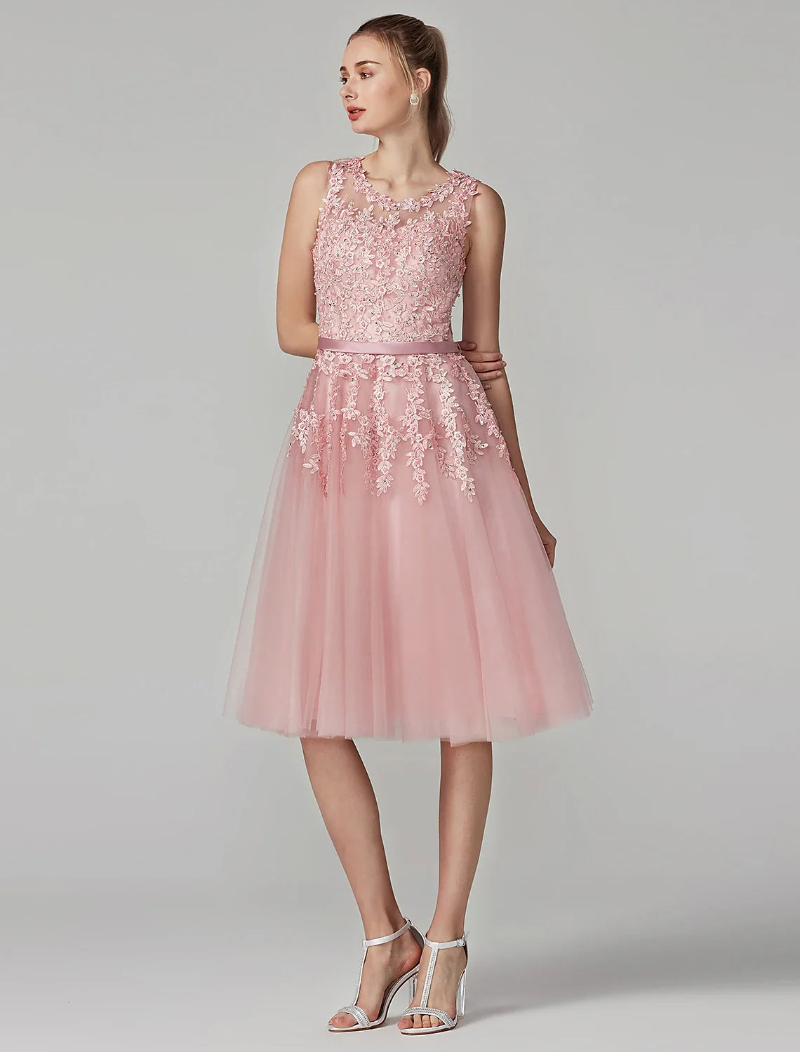 A-Line Illusion Tulle Sleeveless Applique Knee-Length Prom Dress - Chloe Dress