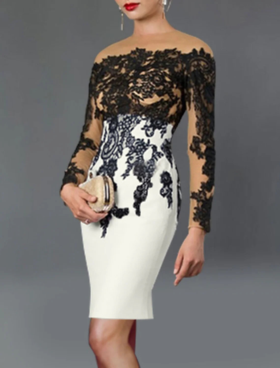 Black Sheath Off-Shoulder Long Sleeve Applique Tea-Length Wedding Dress - Chloe Dress