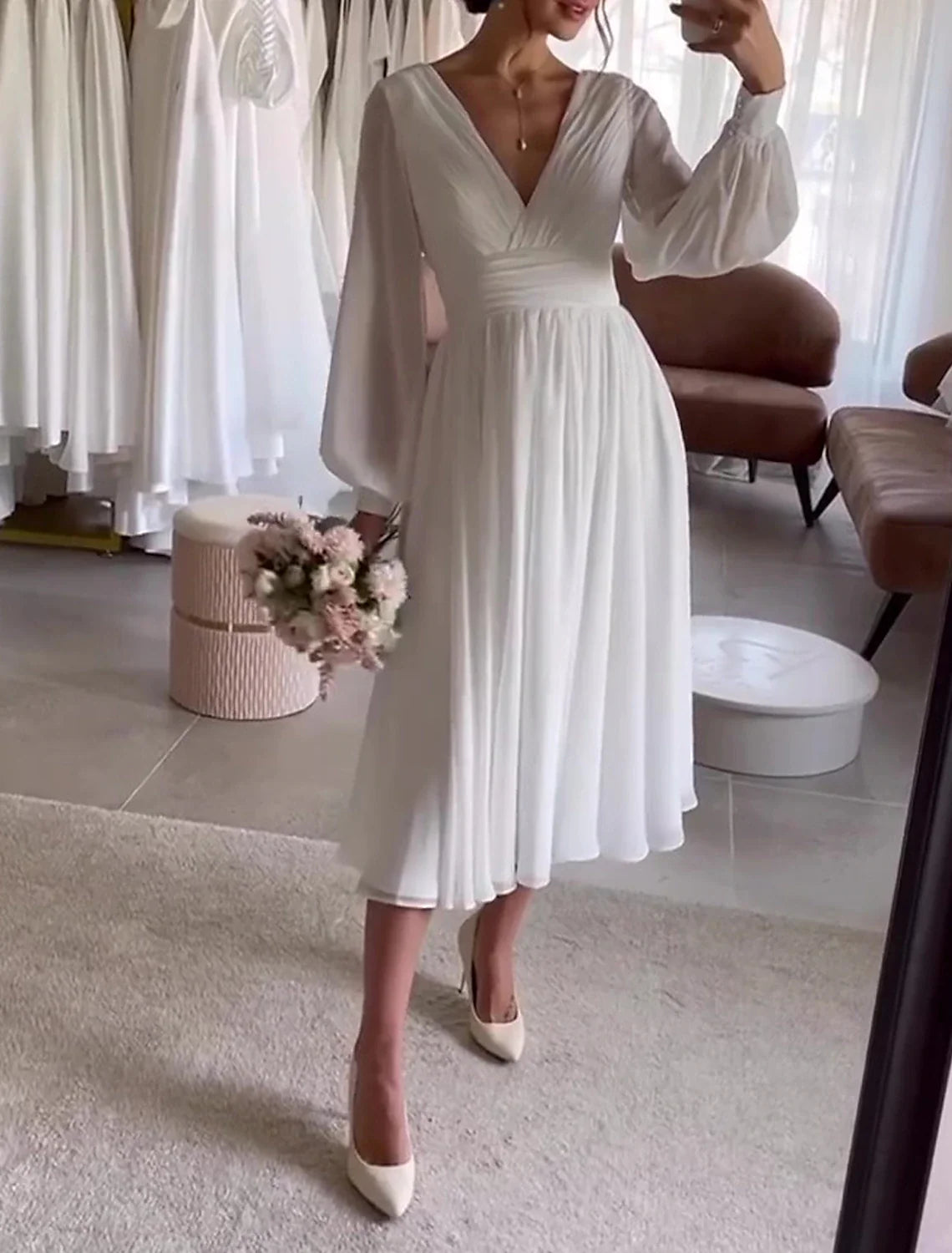 Ball Gown Off-Shoulder Satin Sleeveless Pleated Knee-Length Wedding Gown - Chloe Dress
