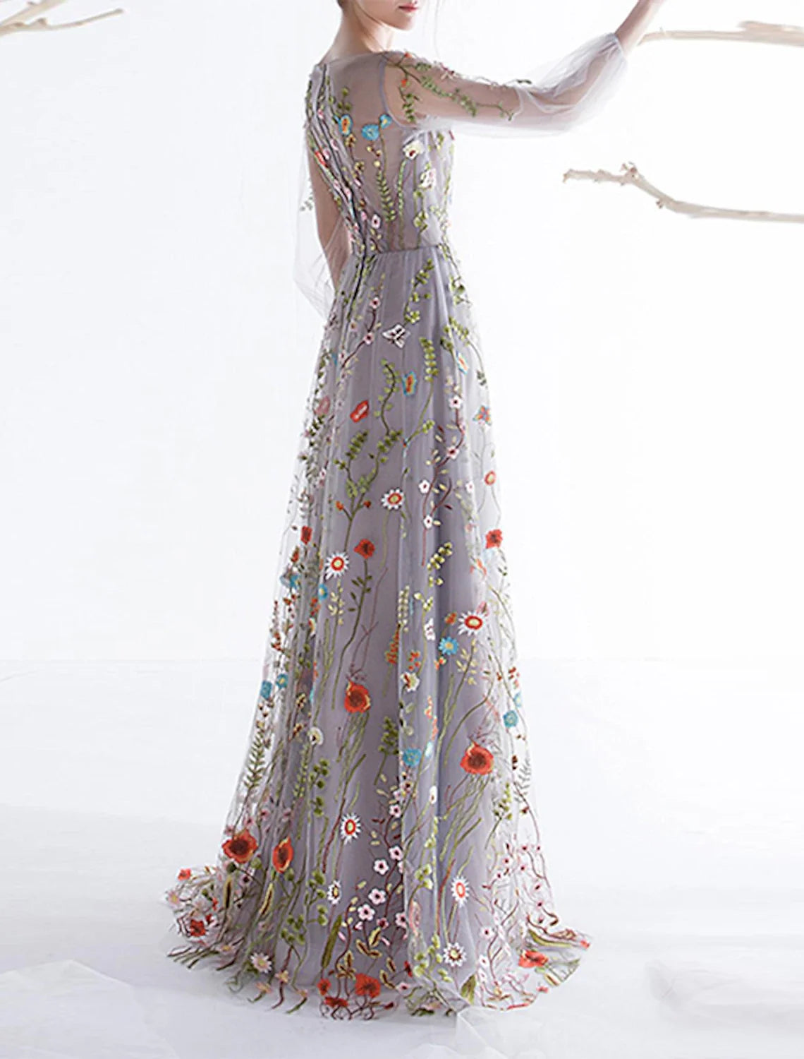 A-Line Tulle Three-Quarter Sleeve Floor-Length Prom Dress - Chloe Dress