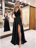 A-Line V-Neck Satin Sleeveless Backless Applique Floor-Length Evening Gown - Chloe Dress