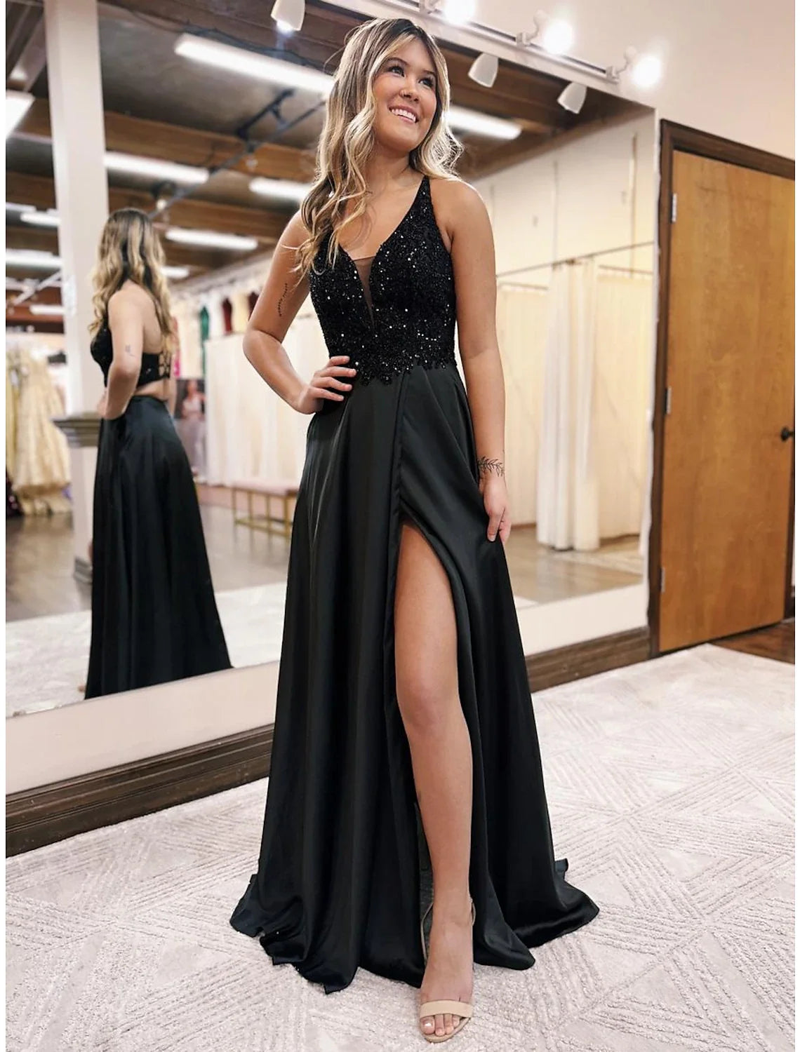 A-Line V-Neck Satin Sleeveless Backless Applique Floor-Length Evening Gown - Chloe Dress