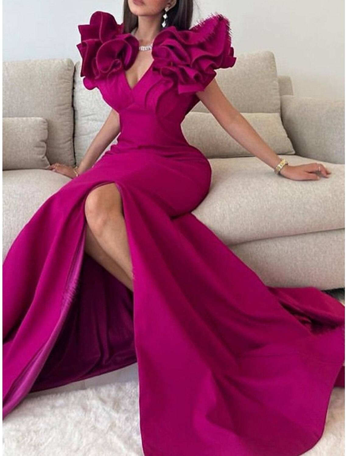 A-Line V-Neck Polyester Short Sleeve High Slit Floor-Length Evening Gown - Chloe Dress