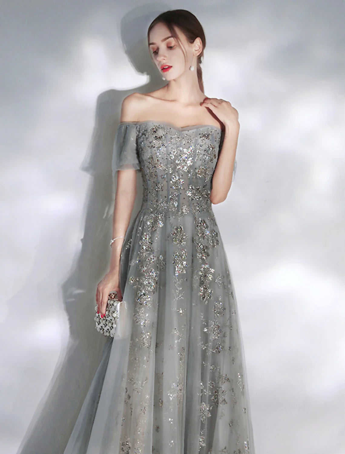 A-Line Off-Shoulder Sequin Short Sleeve Applique Floor-Length Evening Gown - Chloe Dress