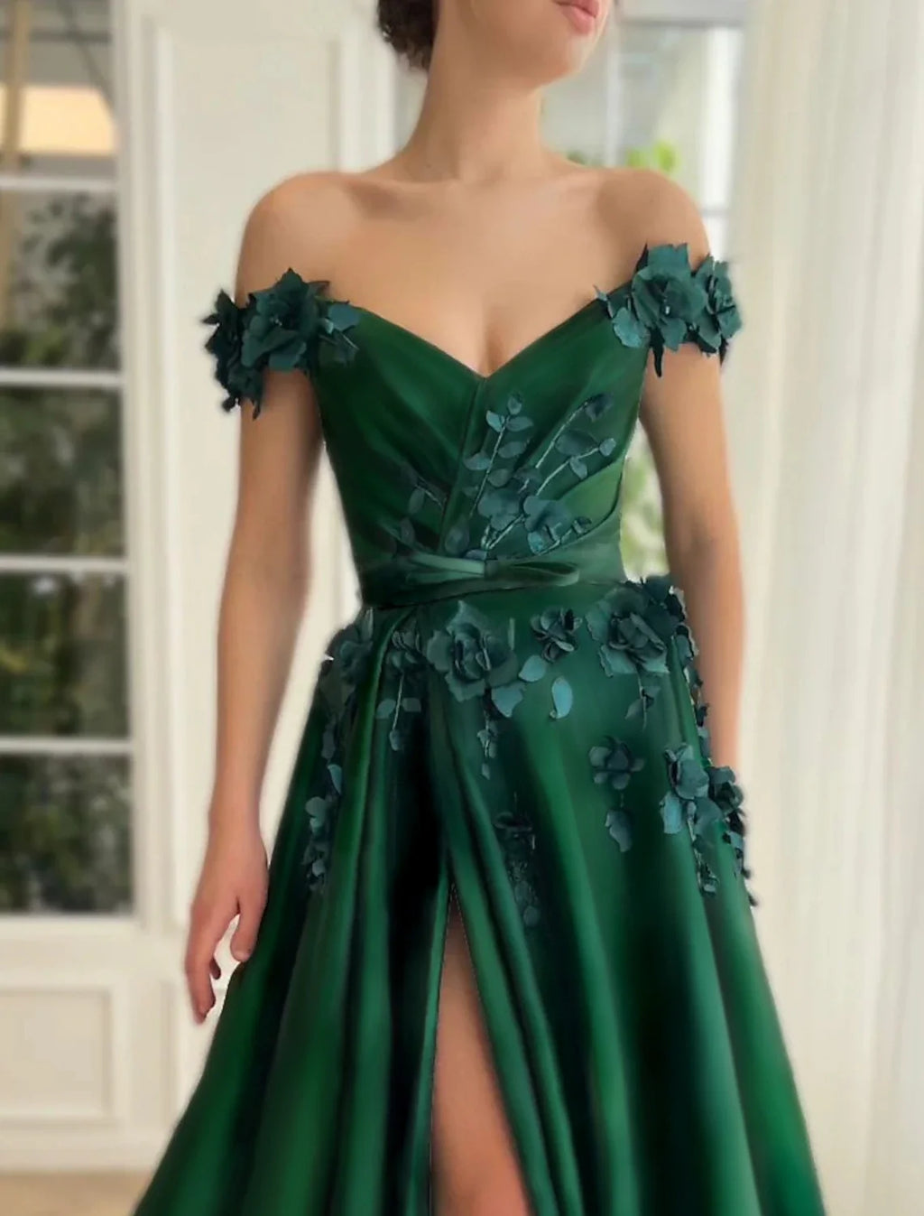 Green Ball Gown Off-Shoulder Satin Short Sleeve High Slit Floor-Length Prom Gown - Chloe Dress