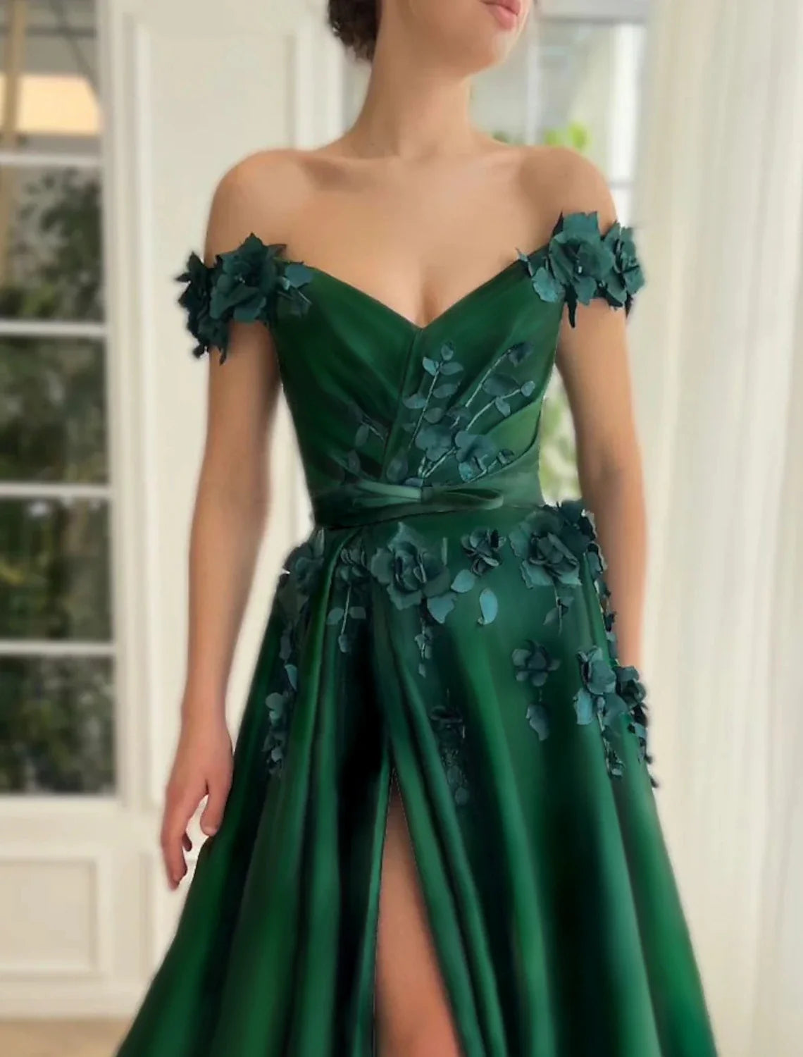 Green Ball Gown Off-Shoulder Satin Short Sleeve High Slit Floor-Length Prom Gown - Chloe Dress