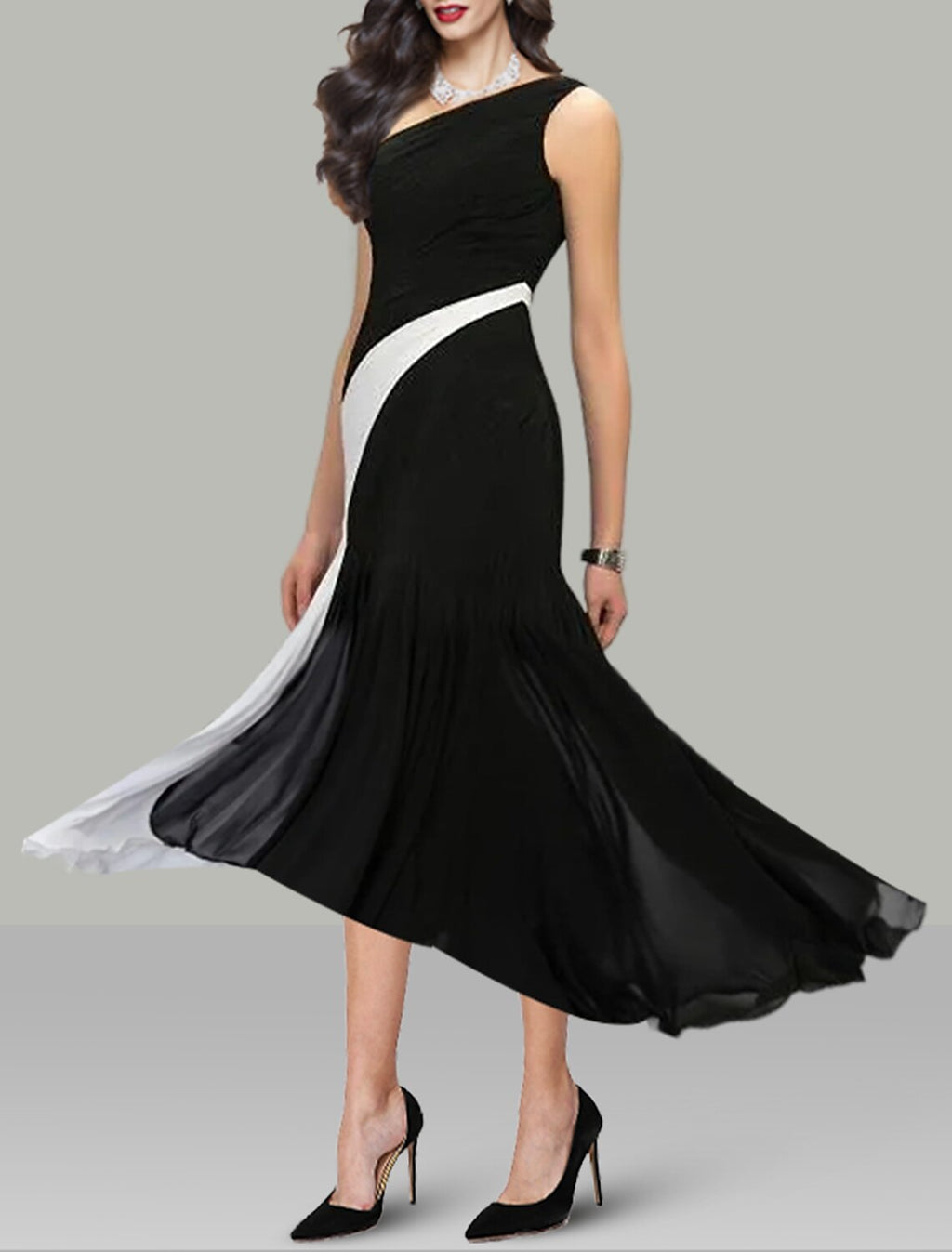 Black A-Line One-Shoulder Chiffon Sleeveless Tea-Length Wedding Dress - Chloe Dress