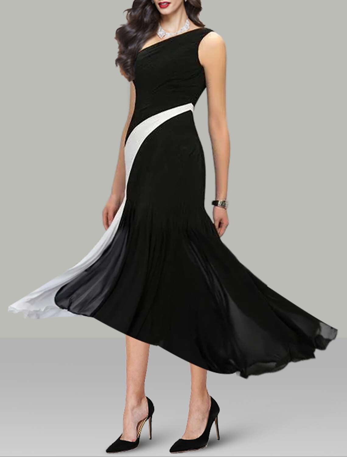 Black A-Line One-Shoulder Chiffon Sleeveless Tea-Length Wedding Dress - Chloe Dress
