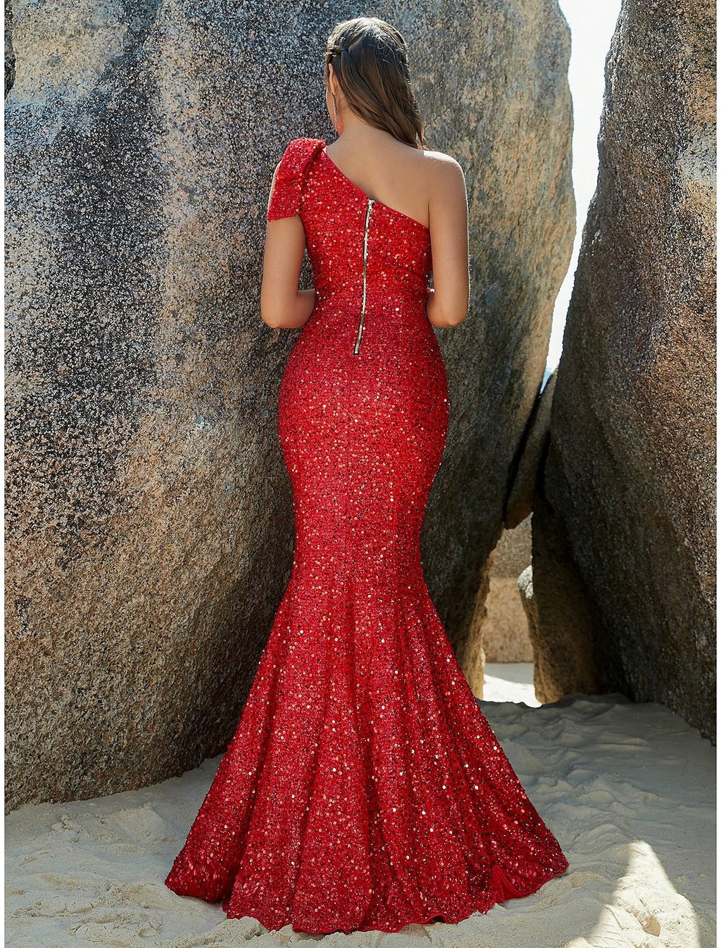 Mermaid One-Shoulder Sequin Sleeveless Train Evening Gown - Chloe Dress