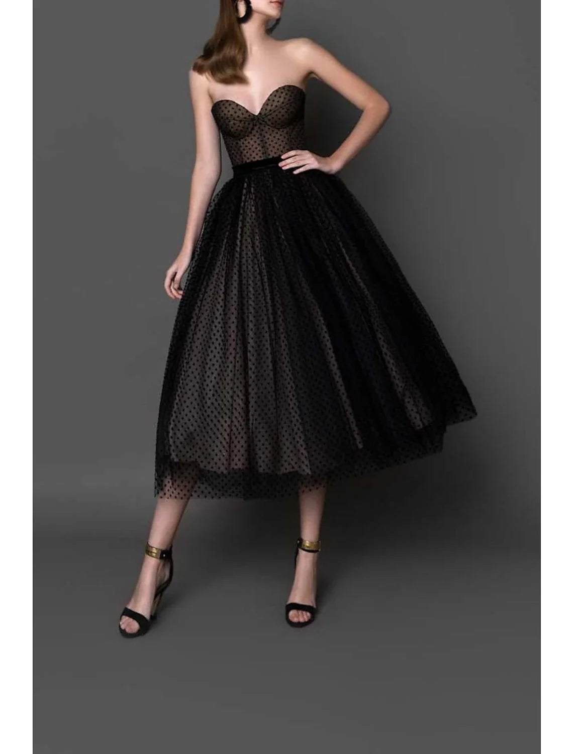Black Ball Gown Strapless Tulle Sleeveless Tea-Length Cocktail Gown - Chloe Dress