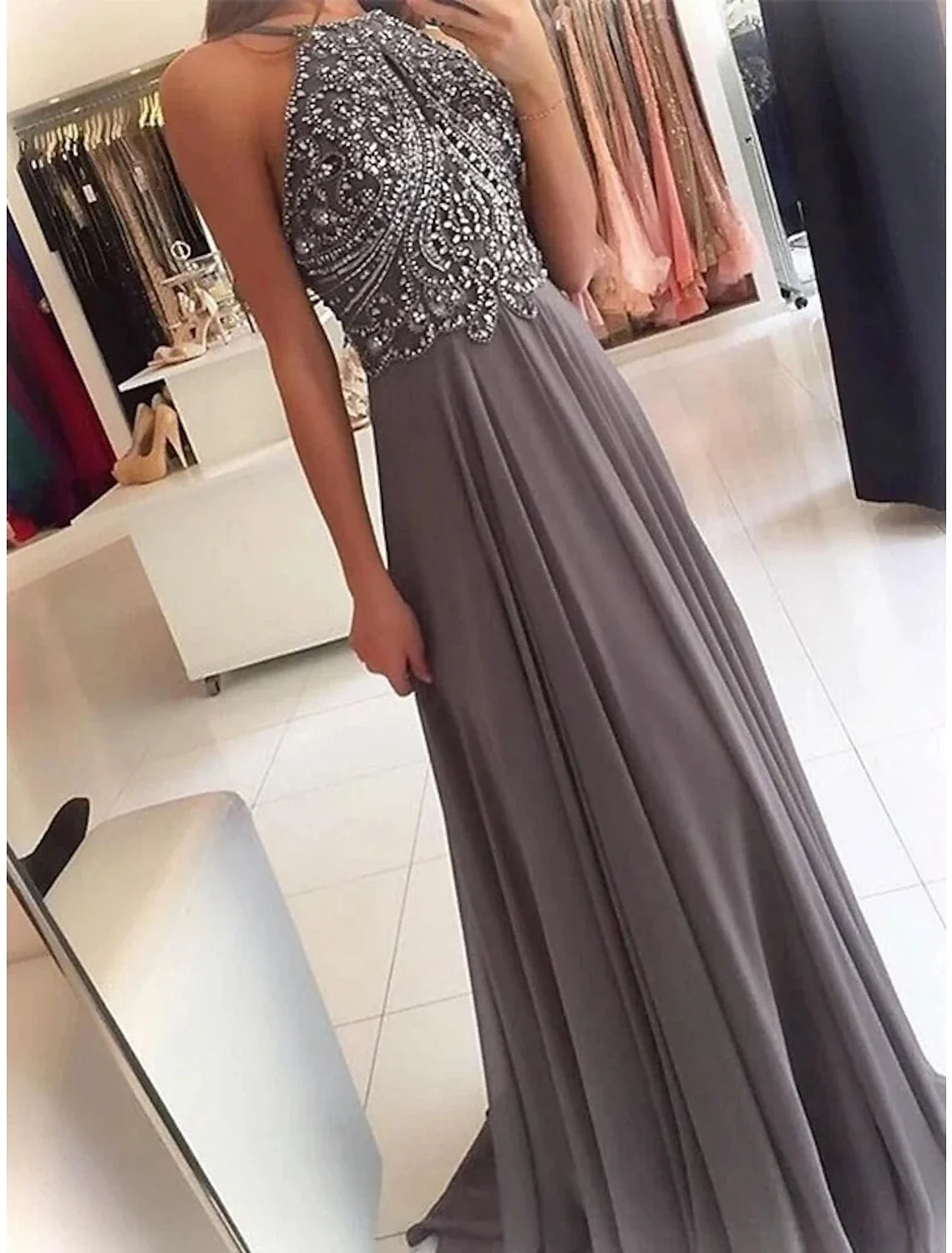 A-Line Halter Chiffon Sleeveless Train Dress - Chloe Dress