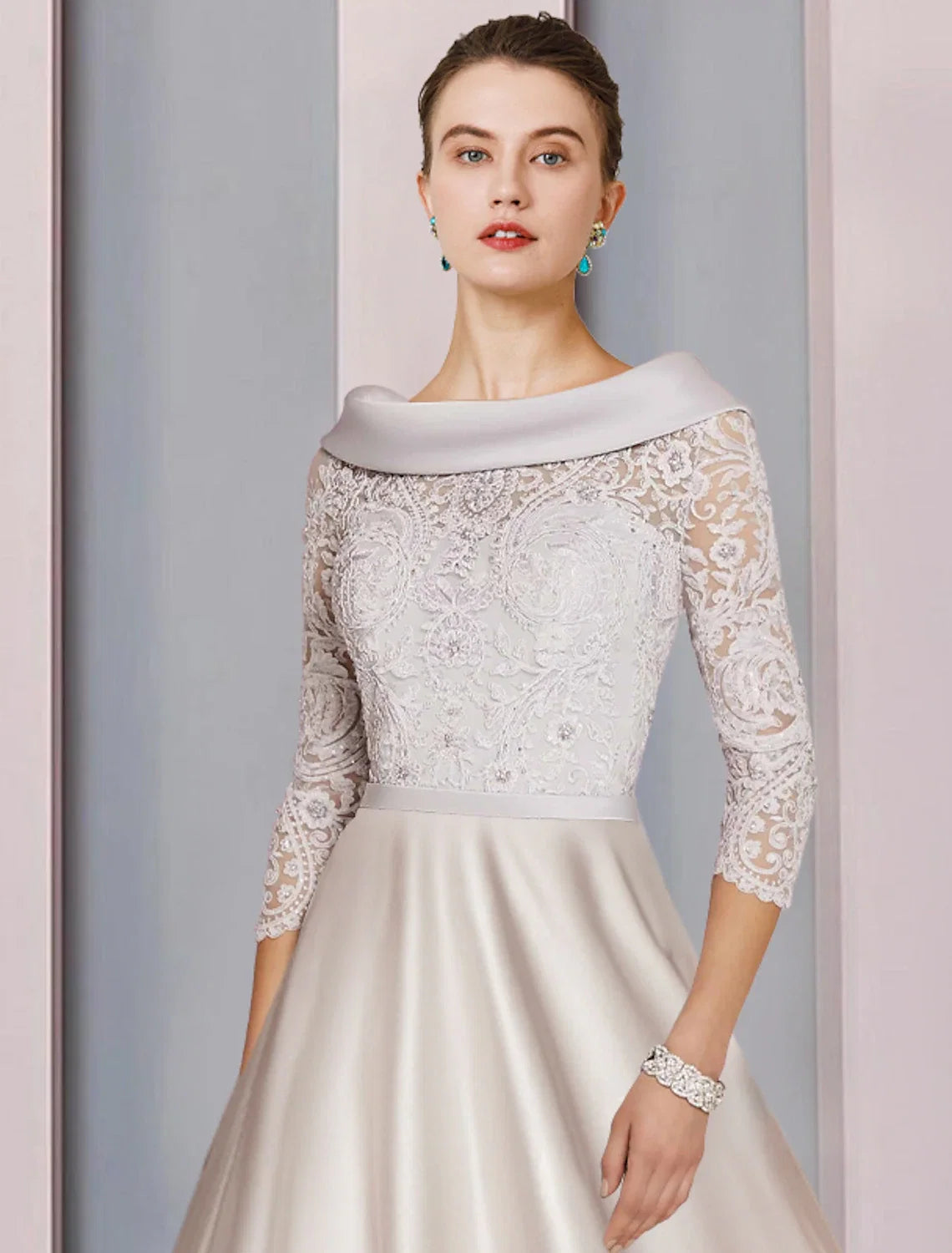 A-Line Cowl Neck Satin Three-Quarter Sleeve Applique Tea-Length Party Dress - Chloe Dress
