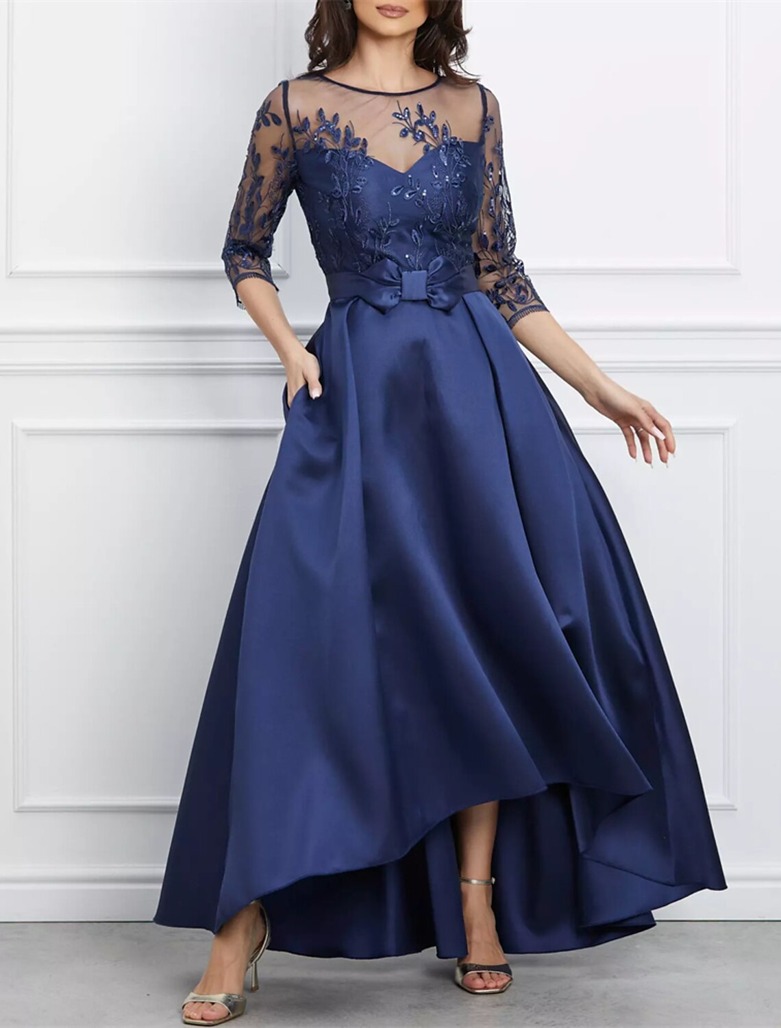 Black A-Line High Neck Satin Three-Quarter Sleeve Asymmetric Evening Gown - Chloe Dress