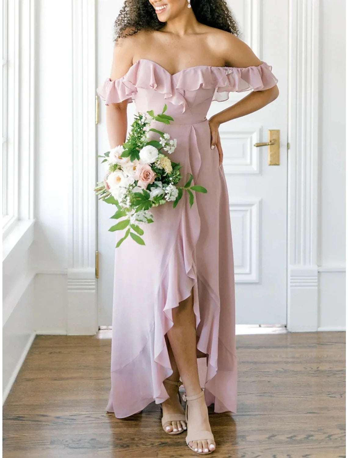 A-Line Off-Shoulder Chiffon Short Sleeve Ruffled Mini Wedding Dress - Chloe Dress