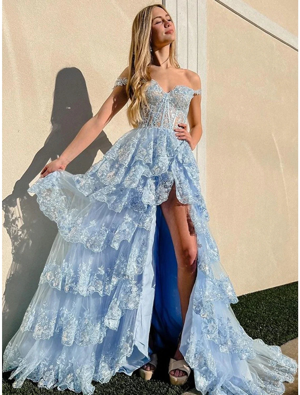 Mermaid Off-Shoulder Tulle Sleeveless Lace-Up Back High Slit Evening Dress - Chloe Dress