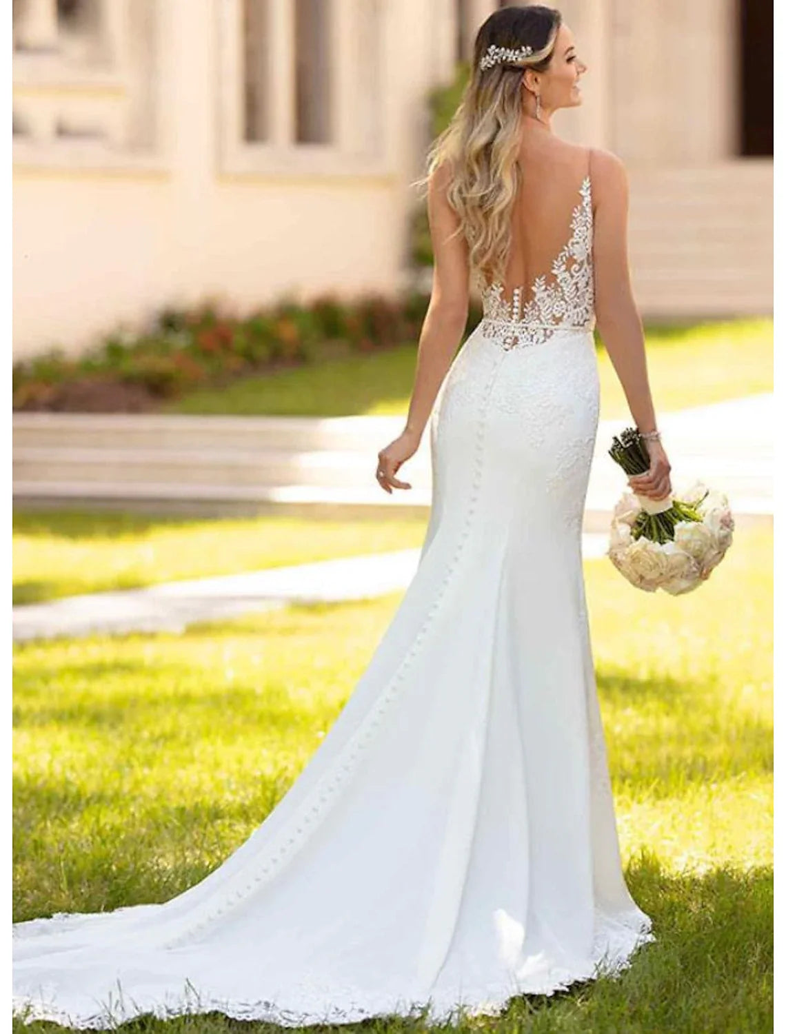 Mermaid V-Neck Lace Sleeveless Open Back Train Wedding Gown - Chloe Dress